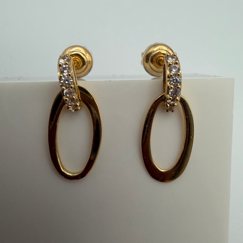 Fine 18K Yellow Gold Cubic Zirconia Pave Drop Dangle Oval Post Earrings 1.48g